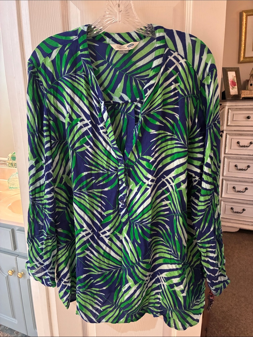 Old Navy Blue & Green Tropical V-Neck Tunic Top SZ XL